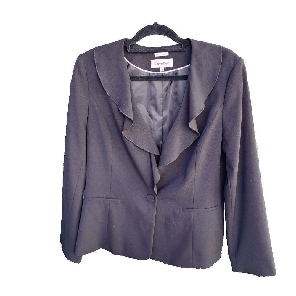 Calvin‎ Klein Blazer Size 12 Black Soft Ruffled Collar